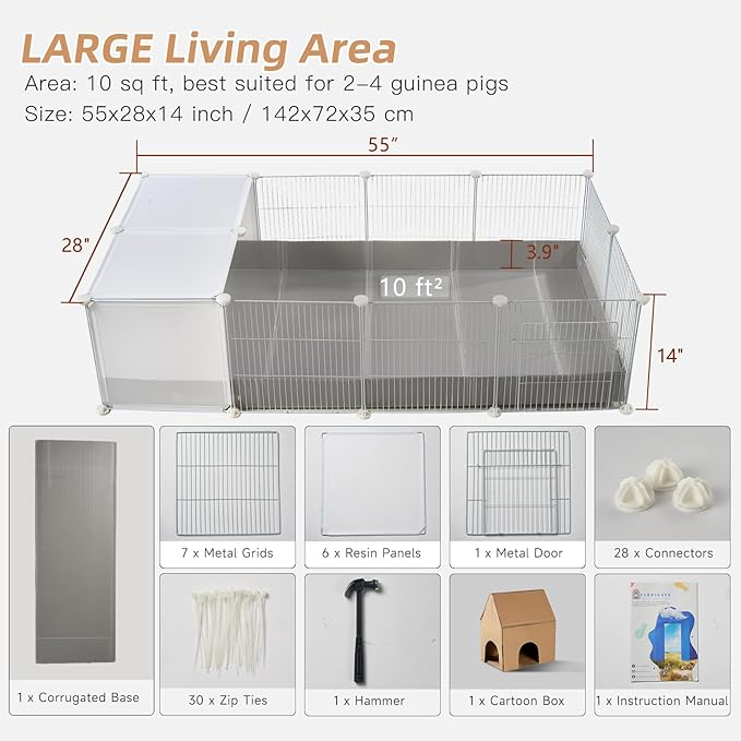 Guinea Pig Cages with Corrugated Liner 10ft CNC Small Animal Playpen Indoor Bunny Rabbit Cage Large Critter Habitat Hedgehog Pet Hutch 55x28x14inch