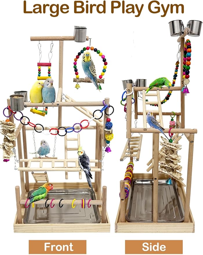 5 Layers Large Bird Playstand with Wheel, Natural Wood Parrot Playground, Parakeet Perch Stand Small Bird Playgym with Ladder Toy Accessories for Cockatiel Cockatoo Finch Budgie Lovebird