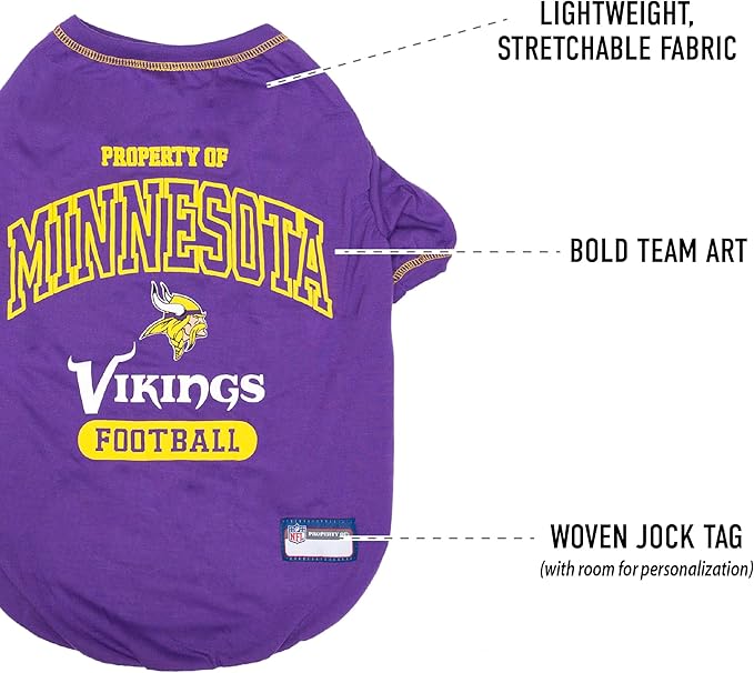 NFL Minnesota Vikings Dog T-Shirt for Pets, Size Medium. Officially Licensed Pet Shirt with Team Logo, Soft Stretchable Comfort Fit Apparel for Dogs & Cats