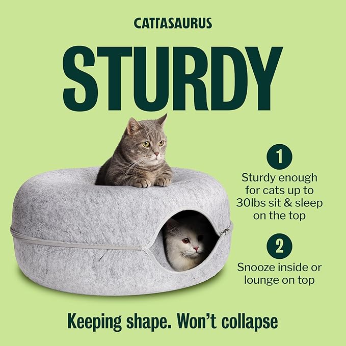 Cattasaurus Peekaboo Cat Cave Donut for Multiple & Large Cats up to 30-45 lbs, 3-in-1 Self Warming Cat Bed, Tunnel & Scratcher for Indoor Cats, Washable & Detachable (Light Gray + Dark Gray, Large)