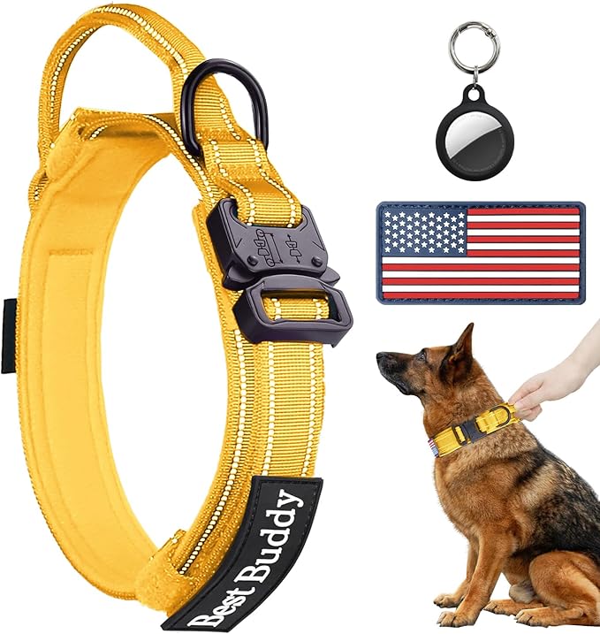 AUBELL Reflective Tactical Dog Collar,Adjustable Military Heavy Duty K9 Collars with Handle and Quick Release Metal Buckle Great for Extra Large Dogs, with Airtag Case and 2 Patches (Yellow,XL)