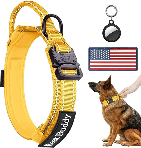 AUBELL Reflective Tactical Dog Collar,Adjustable Military Heavy Duty K9 Collars with Handle and Quick Release Metal Buckle Great for Extra Large Dogs, with Airtag Case and 2 Patches (Yellow,XL)
