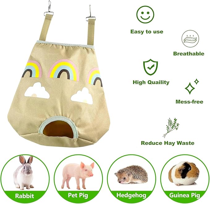 Rabbit Hay Feeder Bag for Guinea Pigs and Chinchillas | Cute Rainbow Design, Washable Oxford Cloth, Single Hole Timothy Hay Holder