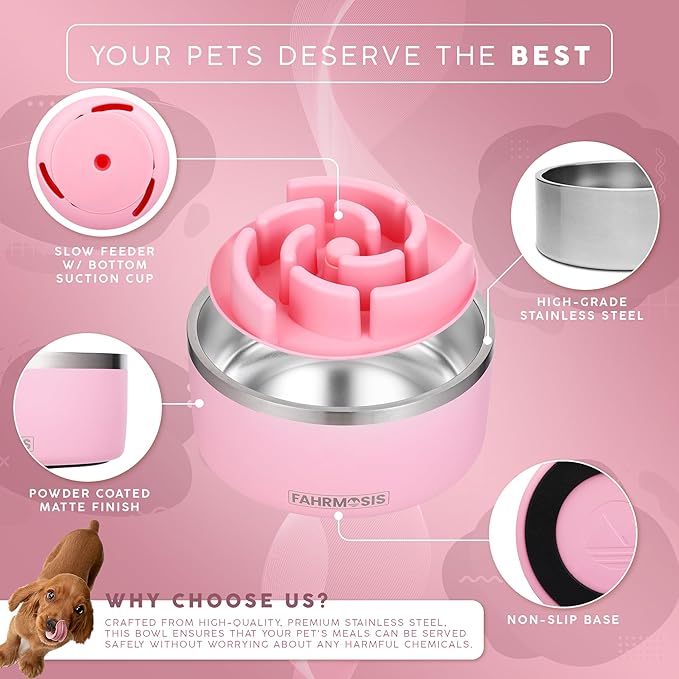 FAHRMOSIS 64 OZ Dog Bowl with Slow Feeder Insert Stainless Steel Pet Water Bowl for Medium & Large Breed Non Slip Rubber Base & Plastic Puzzle Feeder - Pink