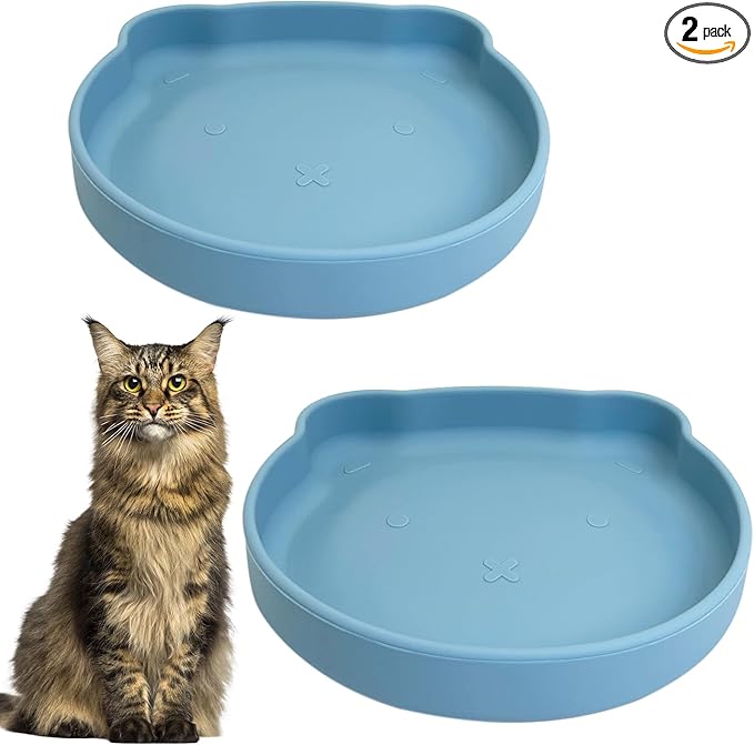 Silicone Cat Food Bowl Suction Cup Cat Dish 7" Shallow Cats Food & Water Bowls Set of 2 Non-Slip Kitty Plates Relief Whisker Fatigue Puppy Feeding Bowl for Dry & Wet Food (Blue)