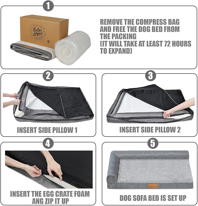 Patas Lague Orthopedic XL Dog Bed Large Sized Dog 42''X28'', Waterproof L Bolster Big Large Pet Sofa Beds with Removable Washable Cover, Soft Comfortable Pet Couch Crate Mat with Nonskid Bottom, Grey