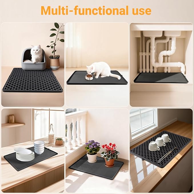 Double-Layer Silicone Cat Litter Mat – Non-Slip, Waterproof & Easy-to-Clean | Also Great as a Dish Drying or Pet Feeding Mat (18x12.5,Black）