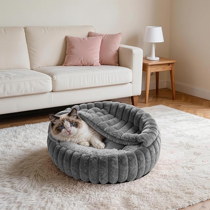 Cat Beds for Indoor Cats, 2 in 1 Cat Cave Bed Kitten Bed for Small Pets, Small Dog Bed with Cover, Pet Bed for Puppy and Kitten with Anti-Slip Bottom-Dark Gray-24 inches