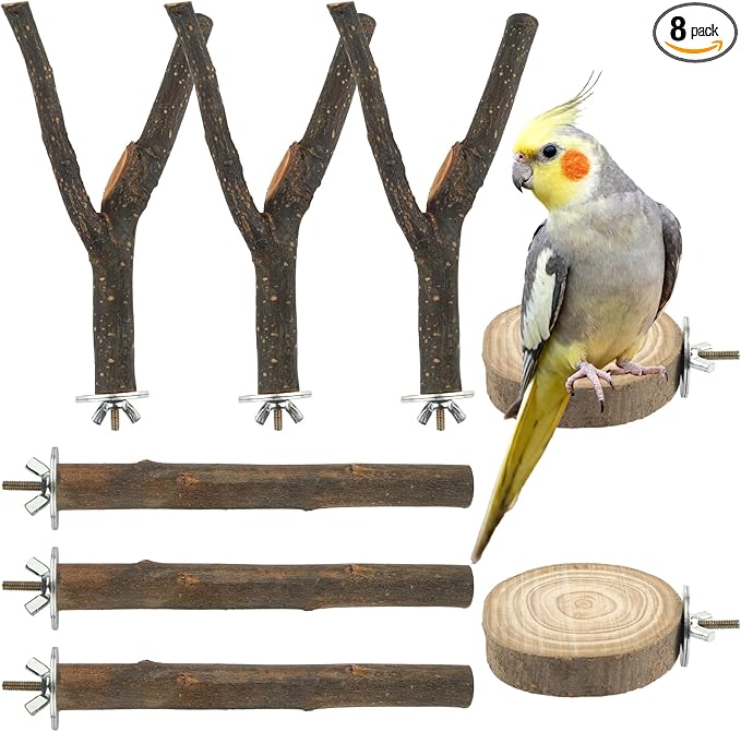 8 PCS Bird Perches for Cage, Natural Wood Parrot Perch Stand, Multi-Branch Platform with Fork Toys, Birds Cage Accessories for Parakeet Cockatiel Budgie Conures Lovebirds