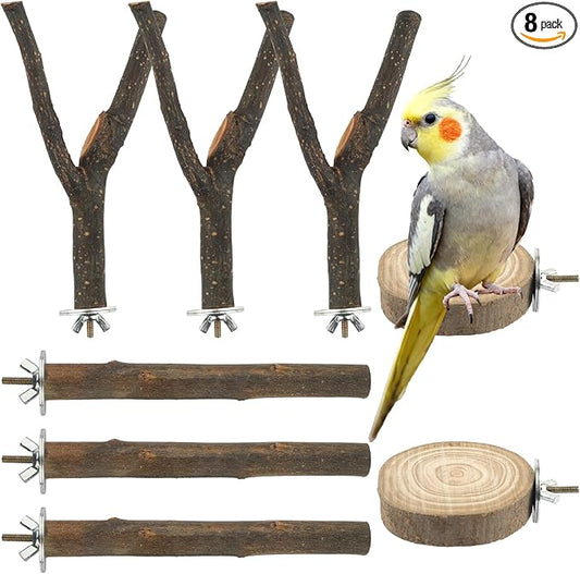 8 PCS Bird Perches for Cage, Natural Wood Parrot Perch Stand, Multi-Branch Platform with Fork Toys, Birds Cage Accessories for Parakeet Cockatiel Budgie Conures Lovebirds