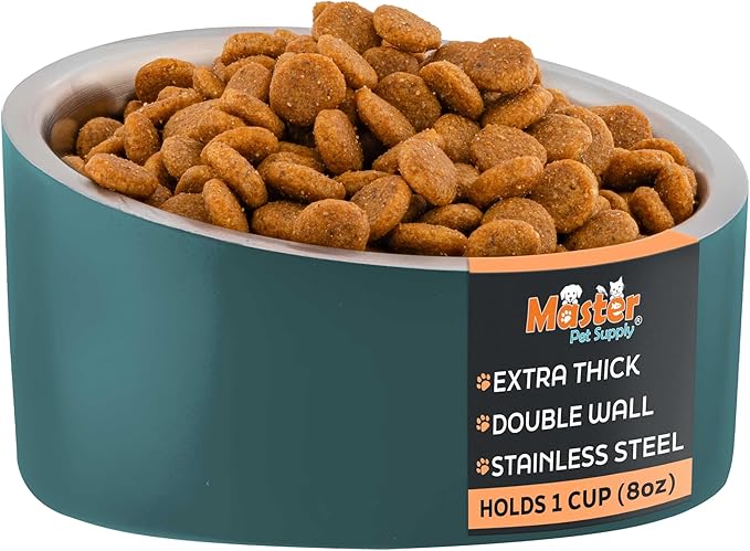 Master Pet Supply Stainless Steel Slanted Dog Cat Food Bowl - 8 oz Heavy Duty - Emerald Sea, Double Wall Insulated, Non-Slip Elevated Bowl for French Bulldogs Pugs Cats, Anti Rust Dishwasher Safe