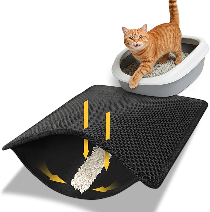 Cat Litter Trapping Mat, 24"x18" Universal Fit Litter Box Floor Mat, Hexagon Grids & Anti-Leak Base, Machine Washable, Non-Slip Kitty Mat for Most Homes, Black