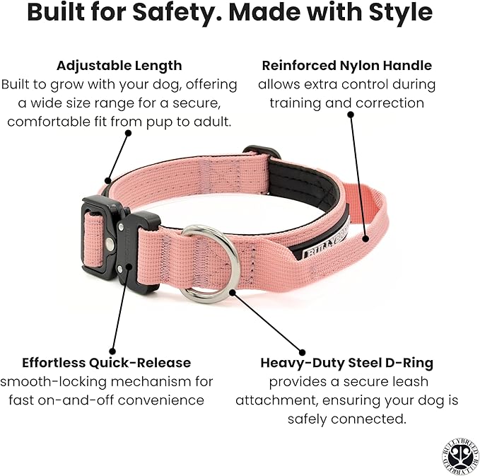 Tactical Dog Collar for Puppy, Heavy Duty Puppy Collar, Dog Collar for Small Dogs, Waterproof Dog Collar, Dog Training Collar, Quick-Release Metal, Adjustable Sizes – BULLYBREED (Light Pink, Small)