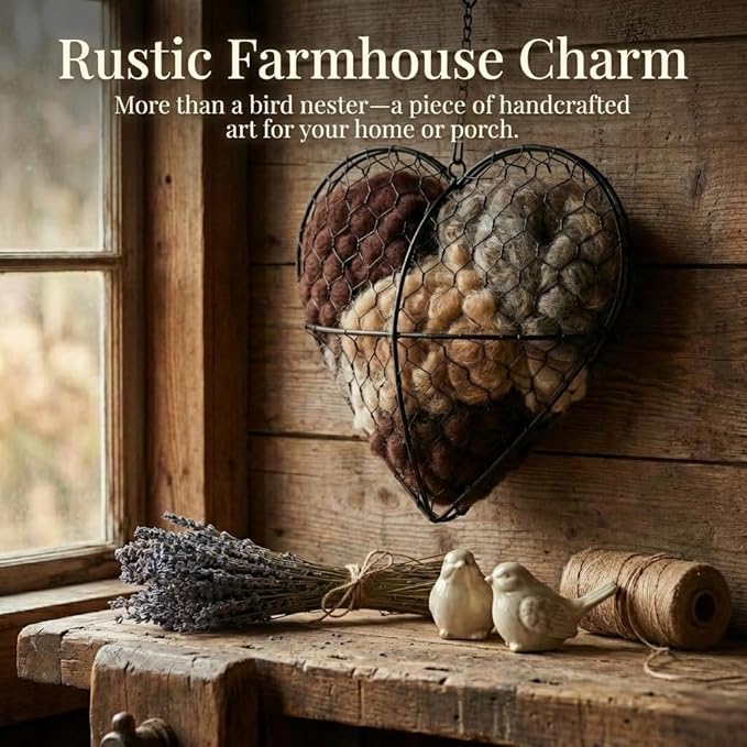 Handmade Alpaca Fiber Bird Nesting Heart - Refillable Bird Nesting Material Holder with Alpaca Wool for Bird Nesting - Outdoor Garden Dispenser & Nesting Material for Wild Birds (1 Set)