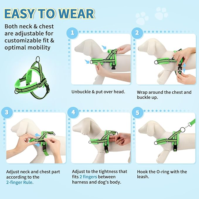 Lukovee Soft Padded Small Dog Harness (X-Small, Green) with 4ft Lightweight Leash, Adjustable Reflective Vest for Walking, Running, Hiking, Training