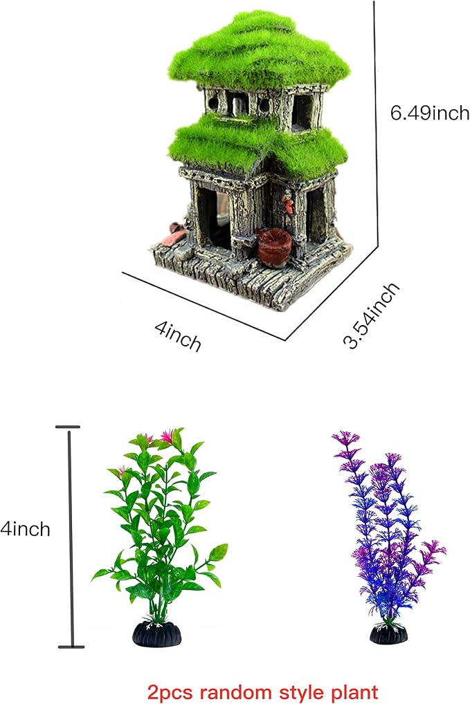 AWXZOM Fish House - Aquarium Decoration with Lifelike Moss, Comes with 2x Artificial Plants