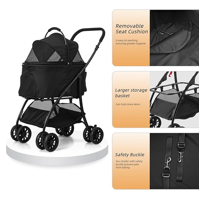 Pet Stroller Quickly Folds for Easy Storage Cat Stroller with Detachable Carrier Thickened Oxford Cloth Breathable Basket Dog Strollers for Small Dogs (Black)