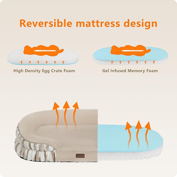 Dwanton Orthopedic Dog Bed for Medium Dogs with Gel Memory Foam, Waterproof Dog Sofa, Washable Pet Bed with Four Sided Bolster Cushion, Removable Cover & Non-Slip Bottom, 36", Tie-dye Khaki
