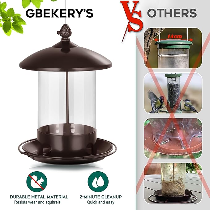 Gbekery Metal Bird Feeders for Outdoors Hanging, Weather Resistant Wild Bird Feeder with 360 Degree Feeding Tray, Brown