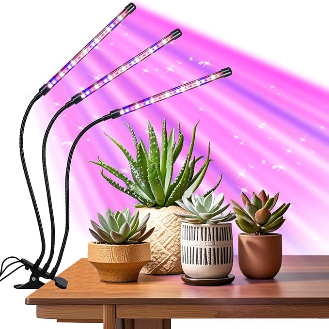 Indoor Plant Grow Light, Full Spectrum Clip Plant Lamp with Red, Blue, White Light, Plant Growing Light with Flexibel Gooseneck, 4/8/12/18H Timer, 10 Brightness Levels, 3 Lighting Modes, 3 Head