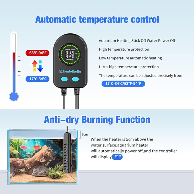 500W Submersible Fish Tank Heater for 70-120 Gallon with Auto Shut-Off When Leaving Water—Aquarium Heater, Dry-Burn & Overheat Protection, Smart LED Display, Freshwater Saltwater bigTank