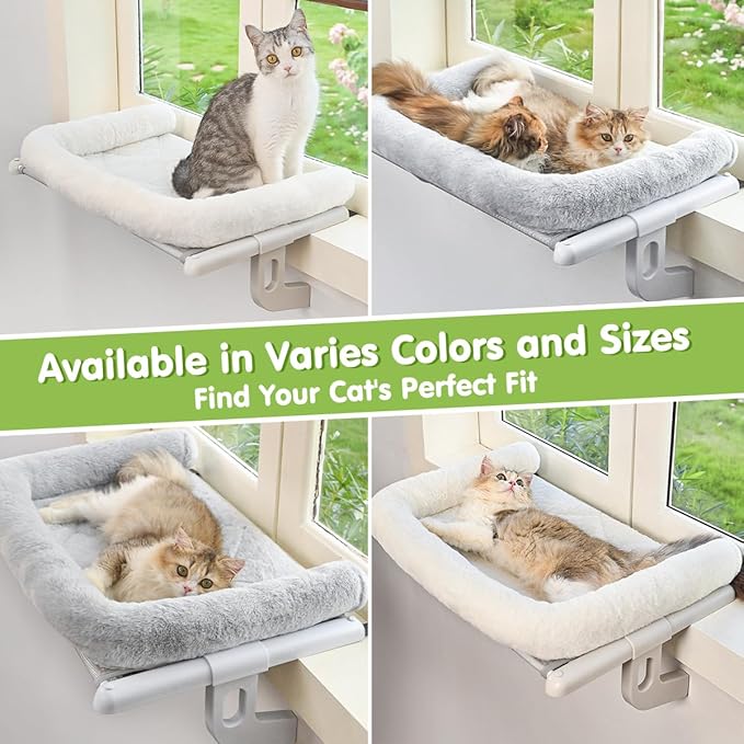 Zoratoo Cat Window Sill Perch with Large Bolster, Easy to Adjust & Assemble Cat Window Seat for Windowsill & Bedside, Pet Hammock Bed for Large Cats and Kittens (Grey, M)