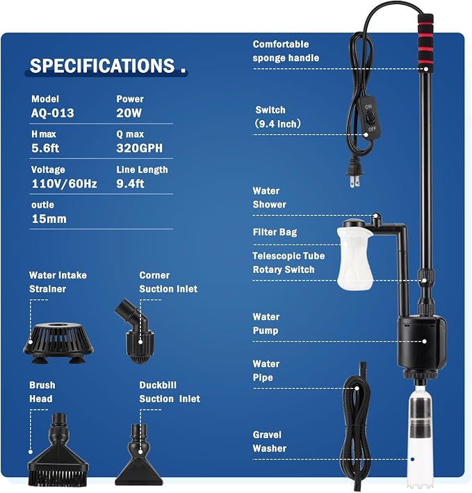 AQQA Electric Aquarium Vacuum Gravel Cleaner, 6 in 1 Fish Tank Vacuum | Automatic Cleaning Tools Kit Water Changer, Multifunction Wash Sand Filter Water Circulation 20W 320GPH 110V