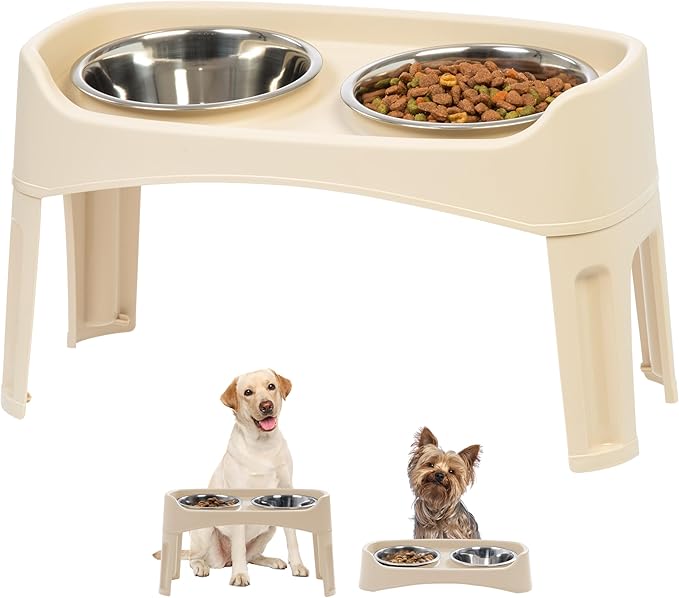 IRIS USA Elevated Dog Bowls Adjustable Stand, Raised Feeding Station with 2 Stainless Steel 64 oz Bowls, Spill Guard, Dual Height 12.25" or 4.63", Made in USA, Almond