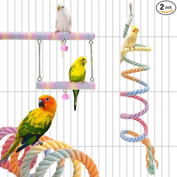 2pcs Gradient Colorful Bird Rope Perch Stand,Hanging Bird Rope Perch Stand Extra Long Gradient Color Swing,Double-Layer Bird Swing,Bendable Climbing,Parakeet Lovebirds Budgies Play(59'',10''E)