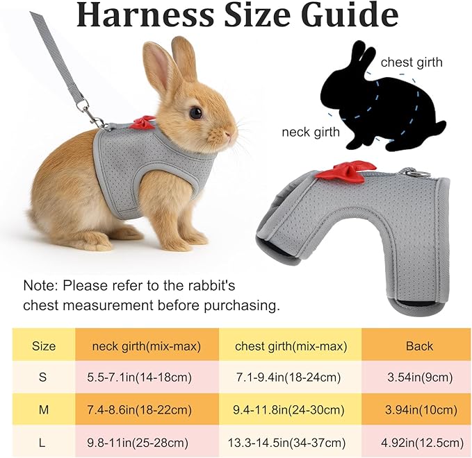 Bunny Harness and Leash Set, Escape Proof Rabbit Harness,Soft Breathable Mesh Rabbit Harnes with Bow and Metal Buckles for Rabbits, Kittens, Ferrets, Guinea Pigs,Pet Walking Gear