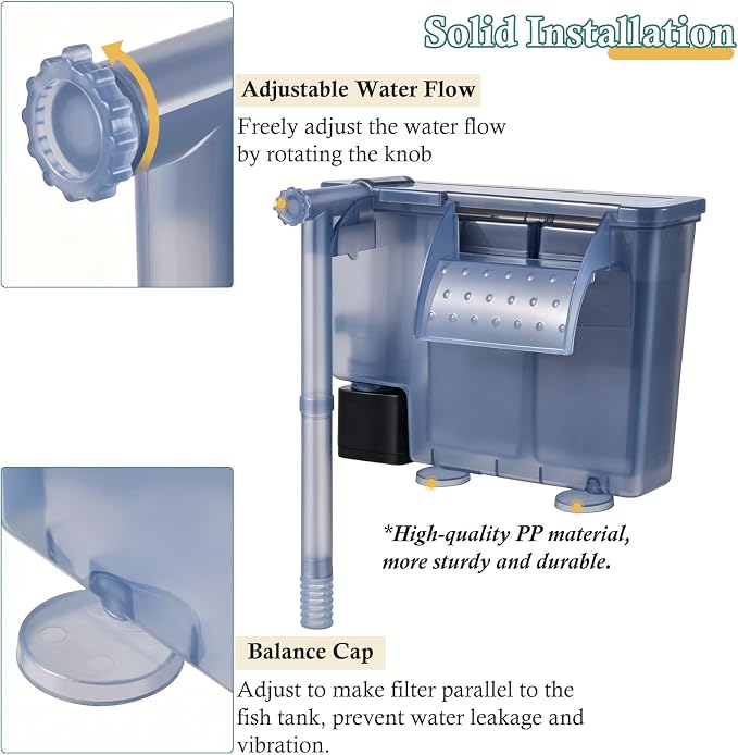5W Hang-on Aquarium Filter, 124GPH Quiet Fish Tank Filter with Filter Sponge and Activated Carbon, Adjustable Waterfall Filter for 10-25 Gallon Fish Tank