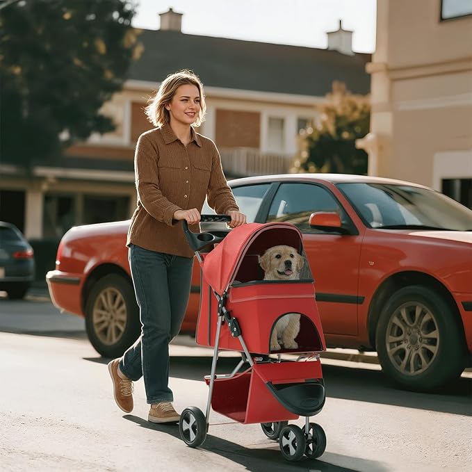 Pet Stroller for Small Dogs 10 lbs, Dog Stroller for Medium Dogs 30 lbs, Cat Strollers for 2 Cats, 3 Wheels Foldable Jogger Puppy Stroller with Storage Basket and Cup Holder, Red