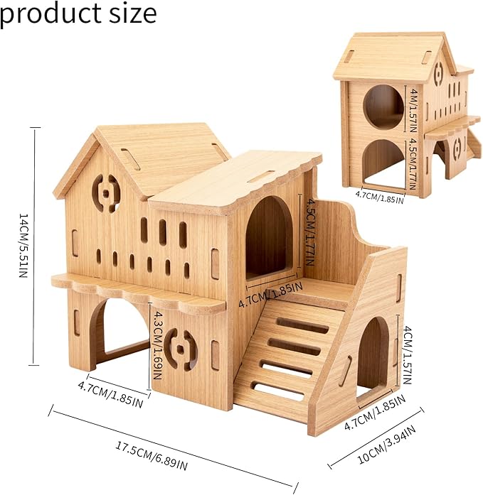 Natural Wood Hamster Habitat Hideout Cage Accessories, Maze Cabin with Fun Slide & Double-Decker House, Exercise Toys for Dwarf Hamsters, Gerbils, Mice, Other Small Animals(Only for Small Hamster B)