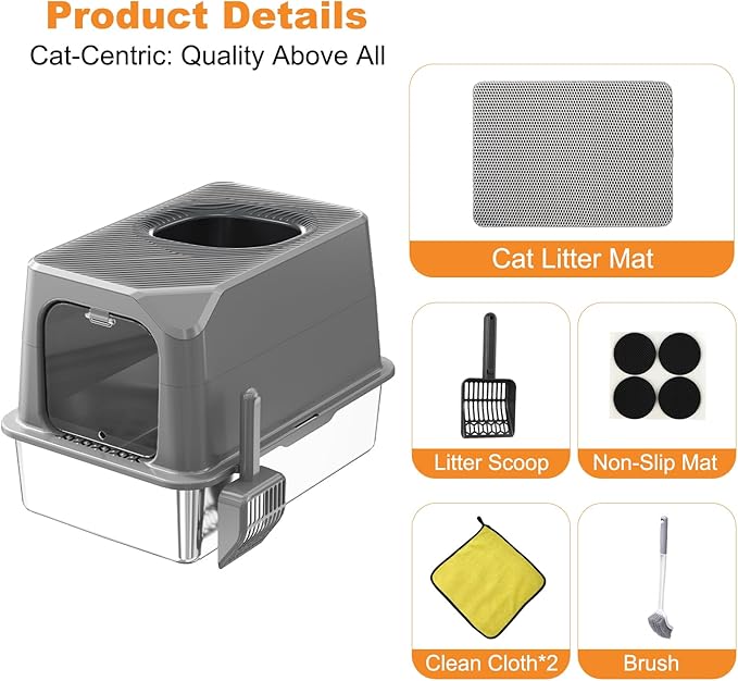 Extra Large Stainless Steel Cat Litter Box Enclosed with Lid - 24" x 16" x 17" Metal Cat Litter Box XXL for Cats, Front Top Entry High Side Kitty Litterbox with Scoop & Mat, Anti Leakage, No Sticky