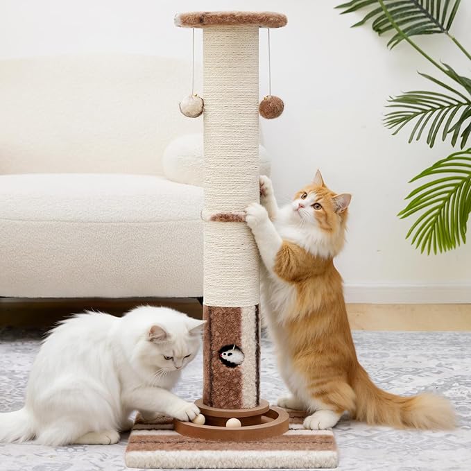 Woochpet 34inches Tall Cat Scratching Post with Cat Ball Track Toy Heavy Duty and Thicker Large Diameter Natural Sisal Cat Scratcher Post for Large Cats and Small Cats Protect Your Furniture