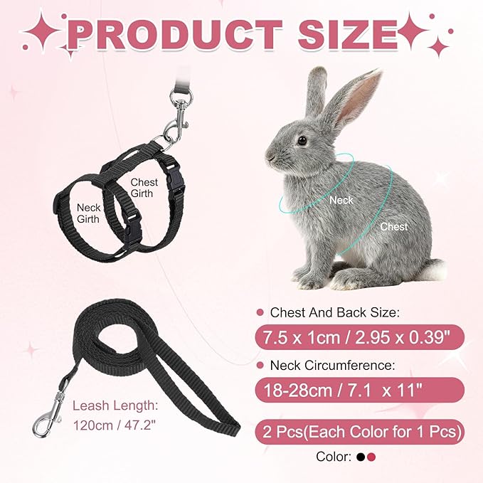 Rabbit Harness and Leash, Escape Proof Bunny Cat Leash Small Animal Harness Soft Adjustable Buckle(2Pcs, Red/Black) for Bunny Kitten Cats Puppies Walking Hiking Training