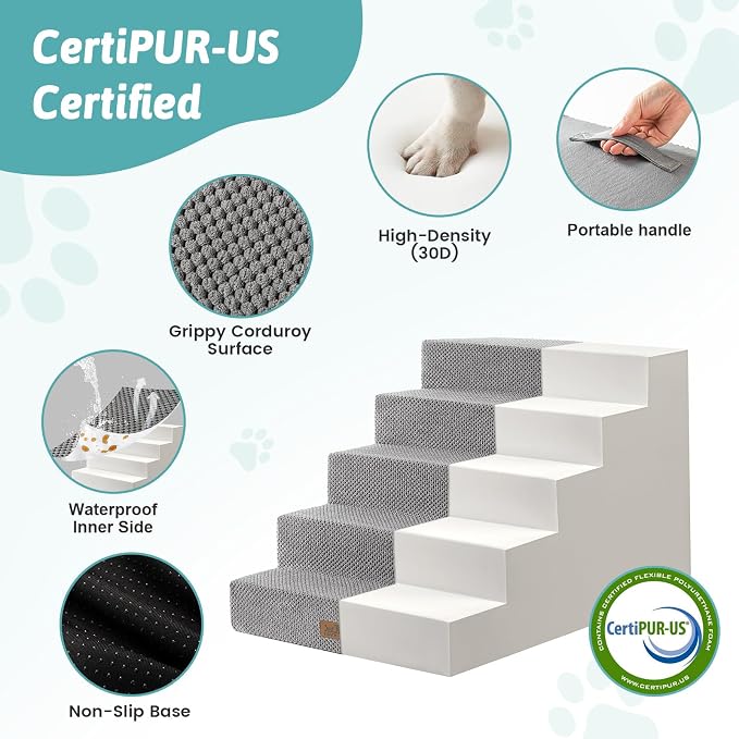 COZY KISS Dog Stairs for Small Dogs 17.7" H, 5 Step Gentle Incline Pet Step for Couch and Beds, Right-Angle Dog Ramp for Puppy Doggie Senior Cats, 17.7x29.5x17.7 Inch, Grey