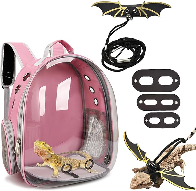 kathson Bearded Dragon Carrier with Harness and Leash Set, Large Reptile Travel Carrier Portable Lizard Backpack Clear Small Animals Carrying Bag for Gecko Hamster Rabbit Hedgehog Kitten (Pink)