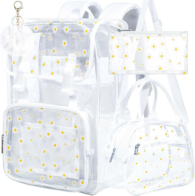 17" Daisy Clear Backpack for Girls - Flip Design Stadium Approved 3Pcs Set, Heavy Duty PVC Bookbag for Concert/School (White)