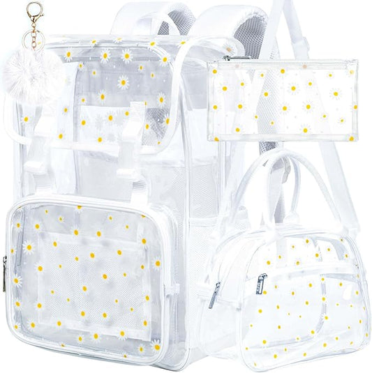 17" Daisy Clear Backpack for Girls - Flip Design Stadium Approved 3Pcs Set, Heavy Duty PVC Bookbag for Concert/School (White)
