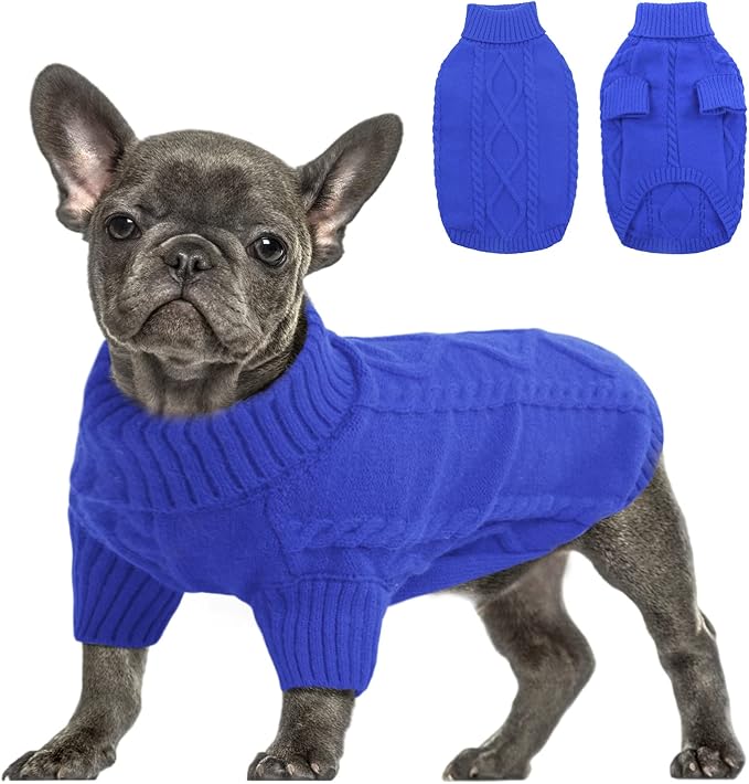 Queenmore Small Dog Pullover Sweater, Cold Weather Cable Knitwear, Classic Turtleneck Thick Warm Clothes for Chihuahua, Bulldog, Dachshund, Pug (Royal Blue, Small)