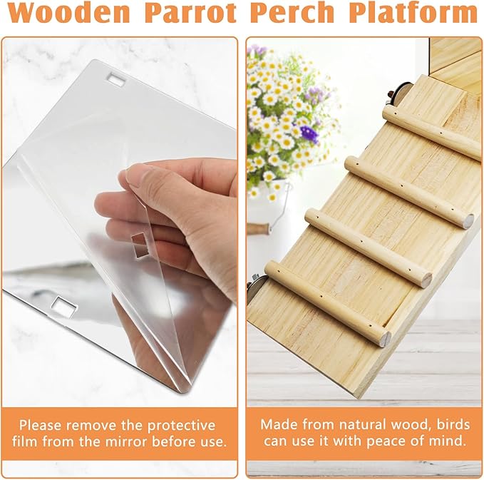 BNOSDM Bird Perch Platform with Mirror, Wooden Climbing Ladder for Parakeet, Small Bird Swing Toys Parrot Cage Accessories Budgie Playground for Cockatiel, Lovebirds, Conures, Finch