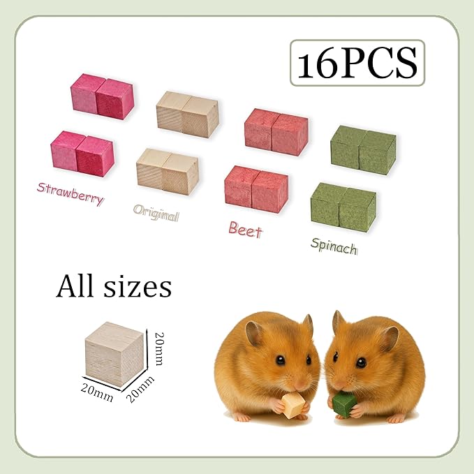 Fruit-Infused Balsa Wood Chew Toys, 16PCS Strawberry Orange and Pitaya Molar Blocks for Hamsters, Guinea Pigs and Chinchillas, 0.8 Inch Natural Small Animal Teeth Grinding Treats