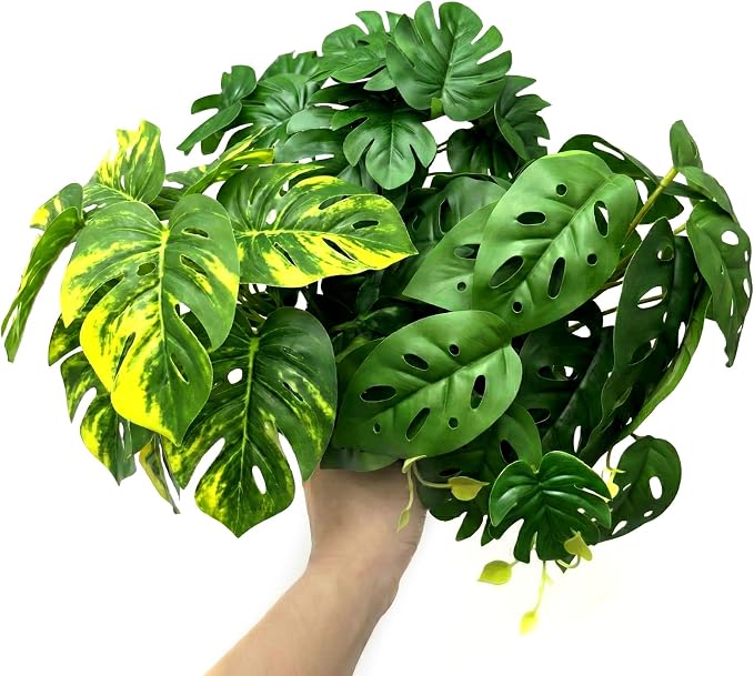 5 Pcs Reptile Plants & Habitat Decor Kit - 3 Artificial Plants & Large 5ft Jungle Vine Branch, Amphibian Habitat Hideout Tank Decorations fit Crested Gecko Leopard Lizard Chameleon Ball Python Frog