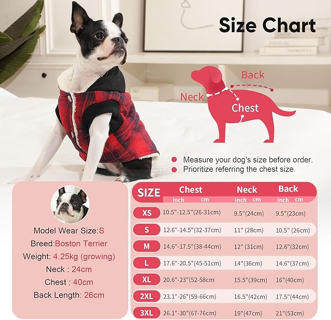 Vecomfy Fleece Lining Dog Hoodie for Medium Dogs Extra Warm Plaid Sweater with Drawstring Hooded Coats in Winter Puppy Jacket,Red L