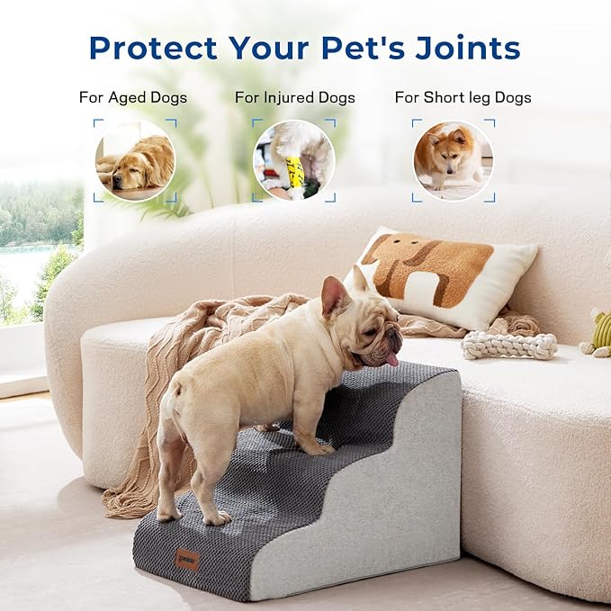 ZOMISIA Dog Stairs for Small Dogs - Pet Stairs for Couch and Bed, 35D Foam Dog Steps Ramp with Non-Slip Bottom Brown, 3 Steps