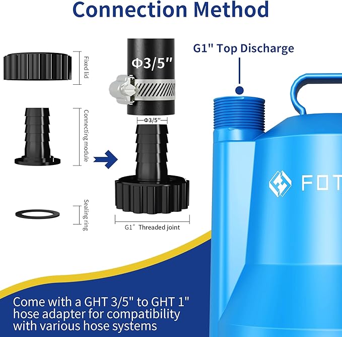 FOTING Sump Pump, 1/4HP 1676GPH Portable Submersible Water Pump for Clean&Dirty Water Removal, Thermoplastic Electric Utility Pump with 10FT Cord for Pool Draining Hot Tub Garden Basement, Blue