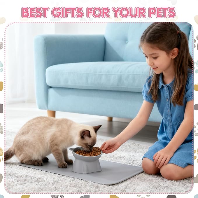 Elevated Cat Bowls 15° Raised Cat Bowl with Silicone Mat Whisker Friendly Anti Vomiting Cats Elevated Food and Water Bowls for Indoor Cats Kittens, Multicolor