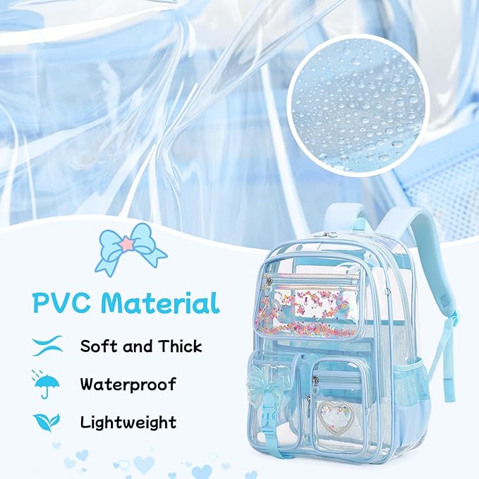 MOONBABY Clear Backpack for Girls, Clear Bookbag Heavy Duty Transparent Backpack for Stadium Events, See Through Back Pack for Kindergarten Elementary Middle High School, Blue