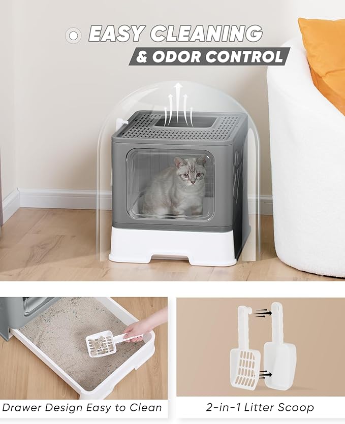 Covered Litter Box, Large Litter Box for Big Cats, Enclosed Cat Litter Boxes with Lid, Top Entry Kitty Litter Box with Scoop, Odor Control, Easy to Clean (Grey)